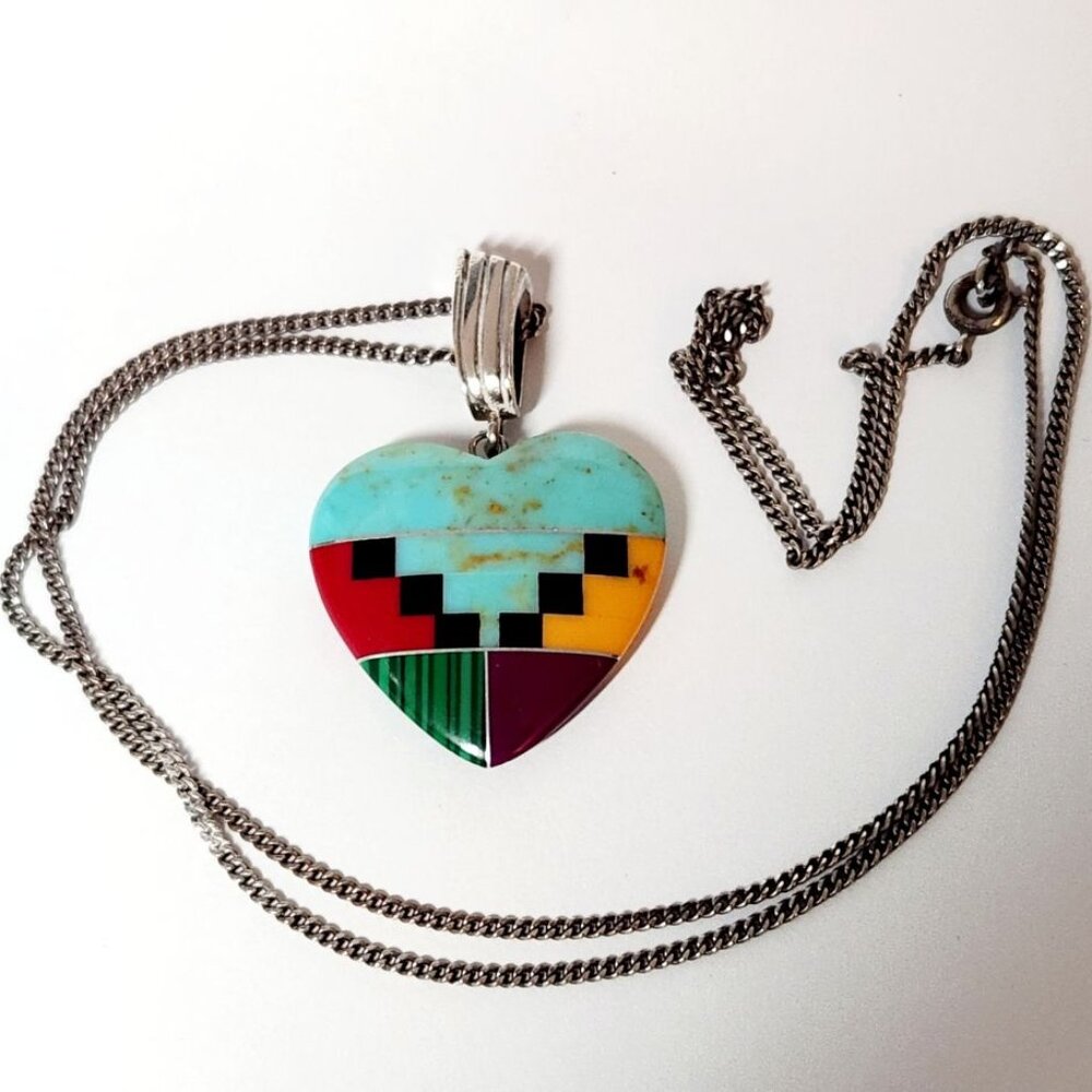 Navajo Multi Stone Heart Necklace -  .925 Silver